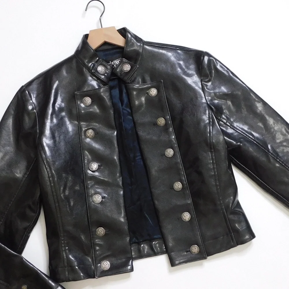 SHRINE OF HOLLYWOOD Faux Leather Jacket‎ Embossed Buttons Vegan Unisex Large